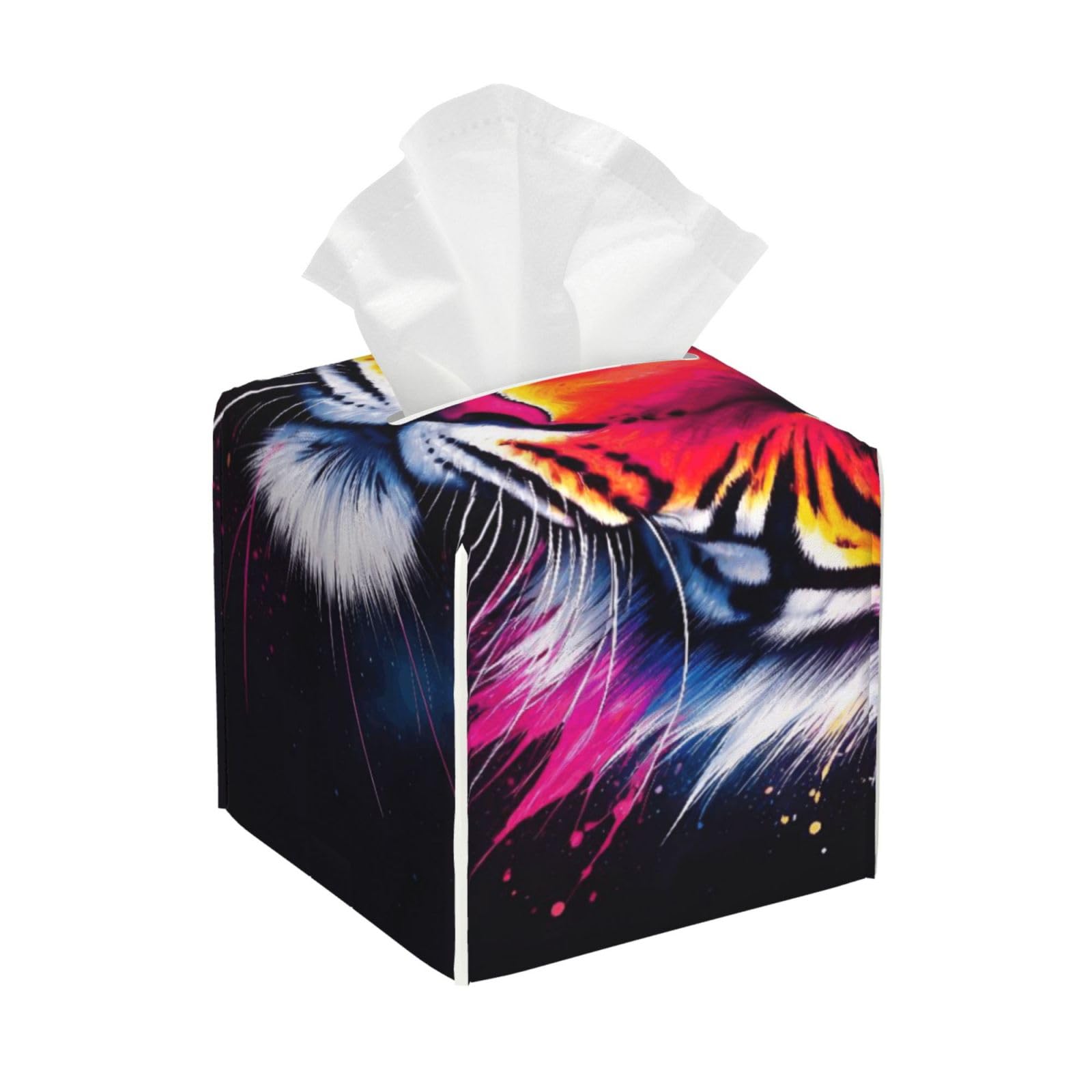 Abstract Colorful Tiger Art Leather Tissue Box Cover Holder Square Facial Paper Organizer 5.2" X 5.2" X 5.2"