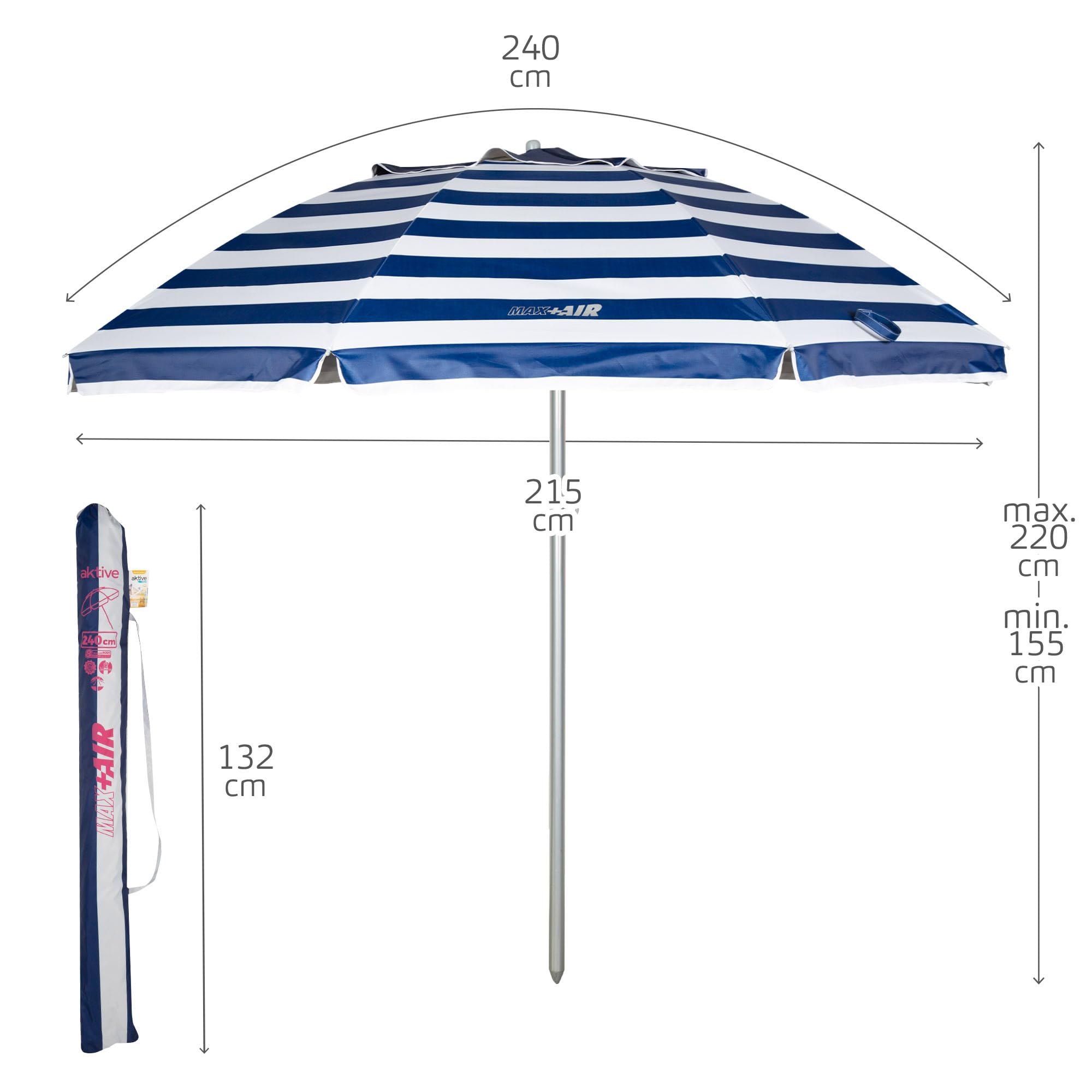 AKTIVE 62404 Ombrellone da spiaggia antivento 240 cm, 8 aste in fibra, protezione UV50, inclinabile, ventilazione Max+Air, manico in metallo 28/32 mm, tessuto Oxford 90 g, con custodia
