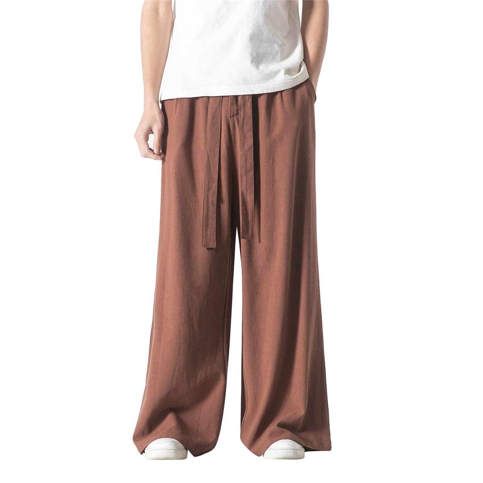 Pantalones de descanso para hombre, holgados, con pierna ancha, pantalones de lino de algodón para hombre, pantalones de cintura elástica con cordón, pantalones transpirables resistentes a las arrugas