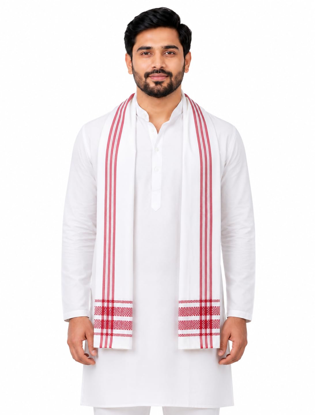 Traditional Gamcha Head and Neck Cover, White with Red Stripes, Cotton Stole for Men-picture-23