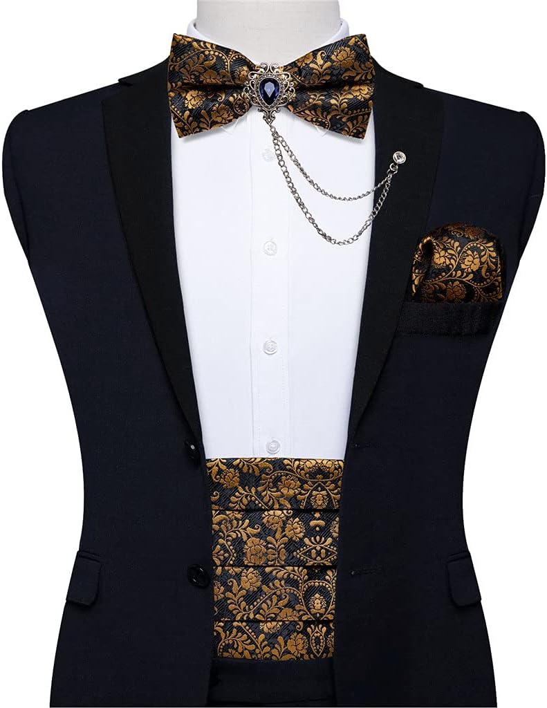 Men's Formal Cummerbunds Silk Floral Bow Tie Set Pocket Square Brooch Chain Wedding Party Waistband Ceremonial Belt