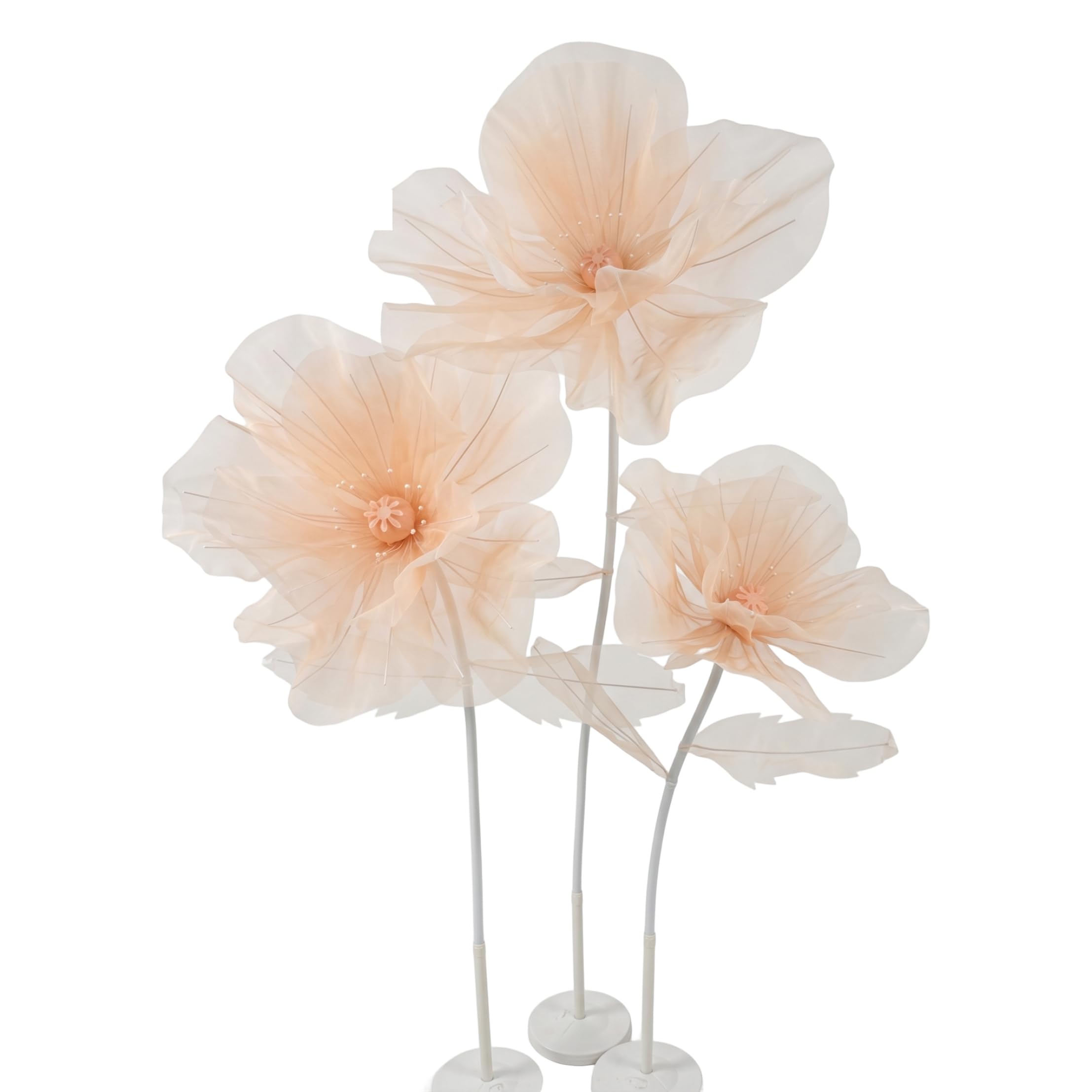 Gemuseeee 3-Head Giant Standing Organza Large Flowers Wedding Decor for Indoor & Outdoor Includes Pole & Base - Orange