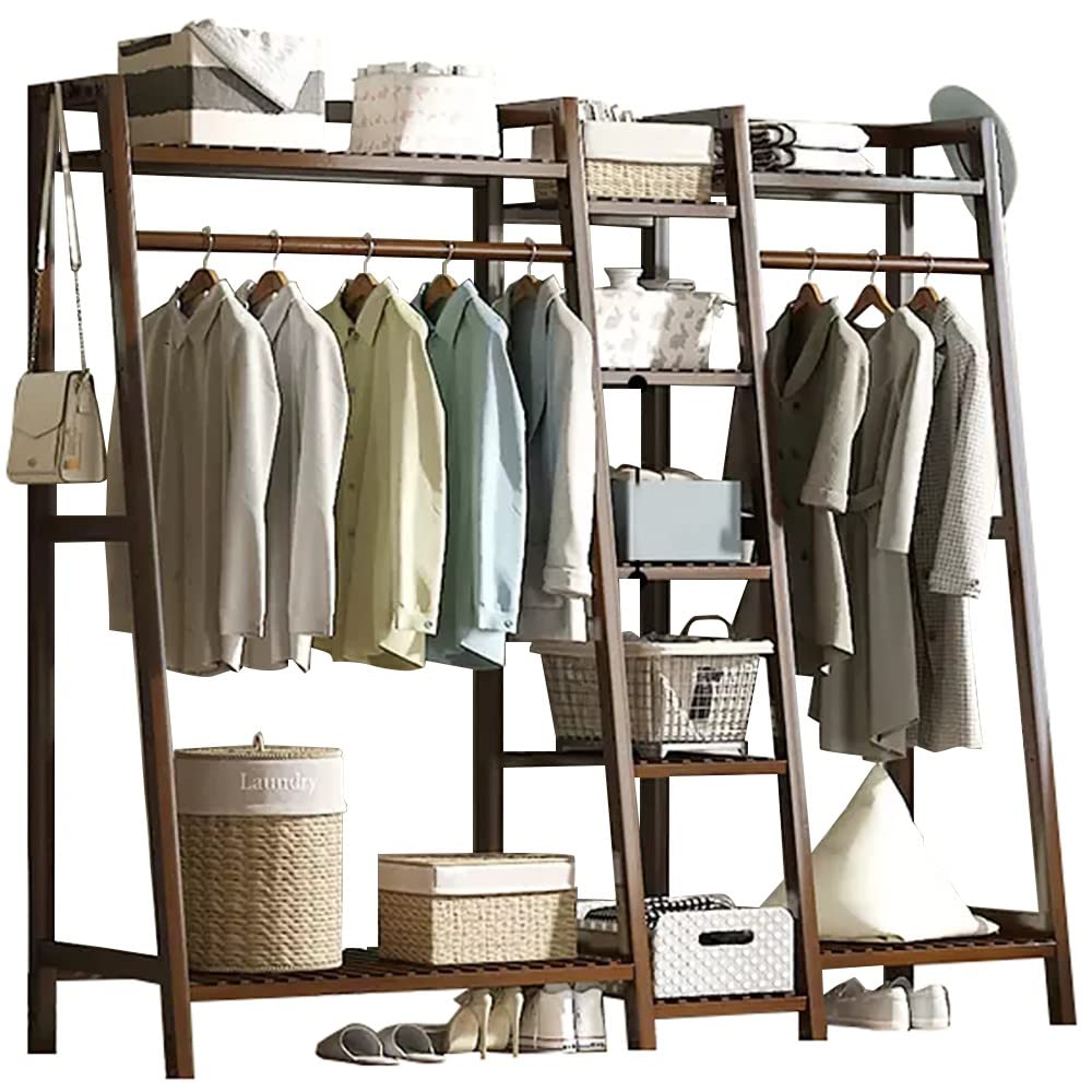 XDLEDMKIZ Bamboo Coat Rack with Top Shelf Hanging Rod and Shoe Rack Freestanding Clothes Rail and Wardrobe Closet for Bedroom and Hallway
