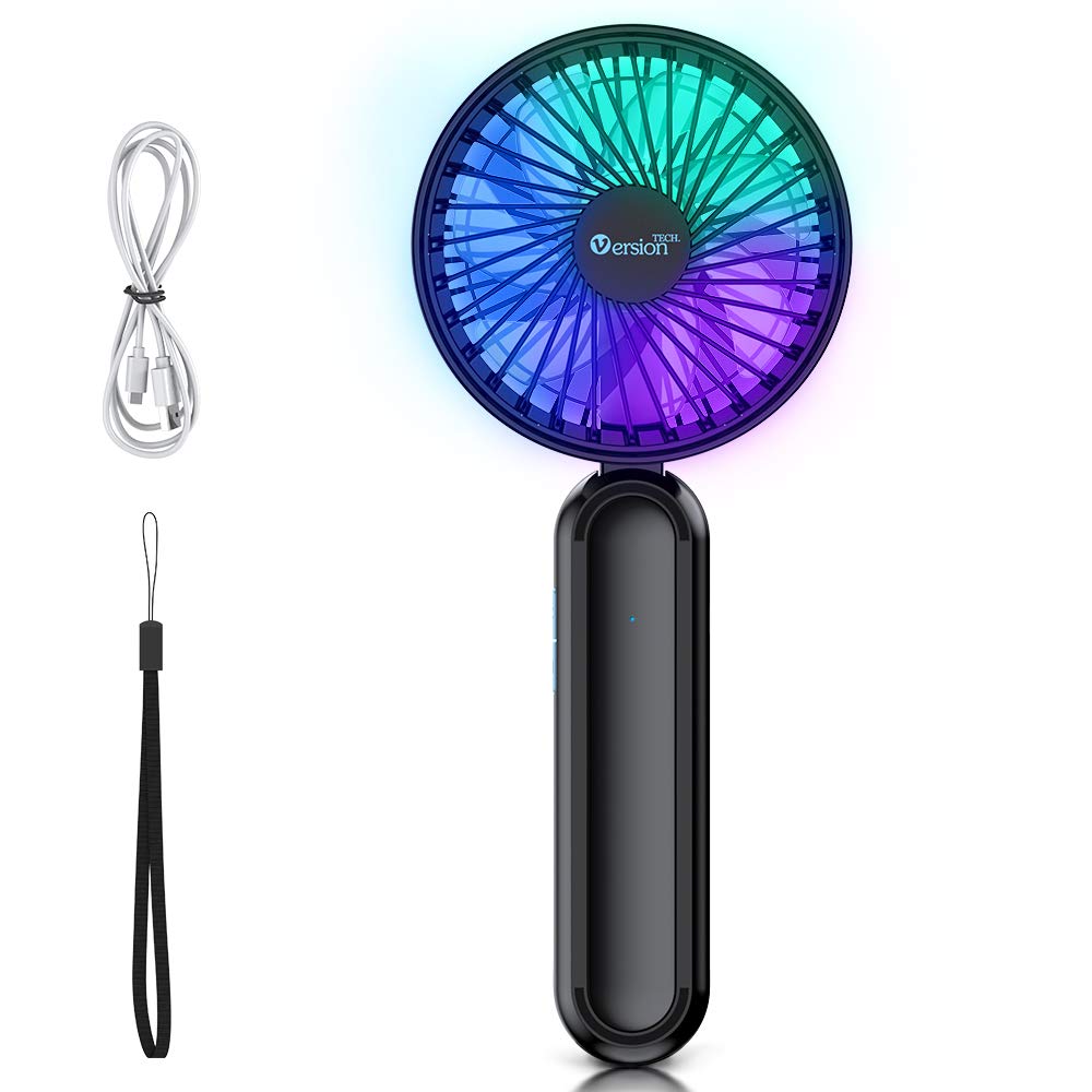 VersionTech Hand Held Fan with Color Light, 5 Speed Hand Fan,Portable Foldable USB Fan Table Fan with Rechargeable Battery Operated Electric Fan for Travel Office Room Household-Black