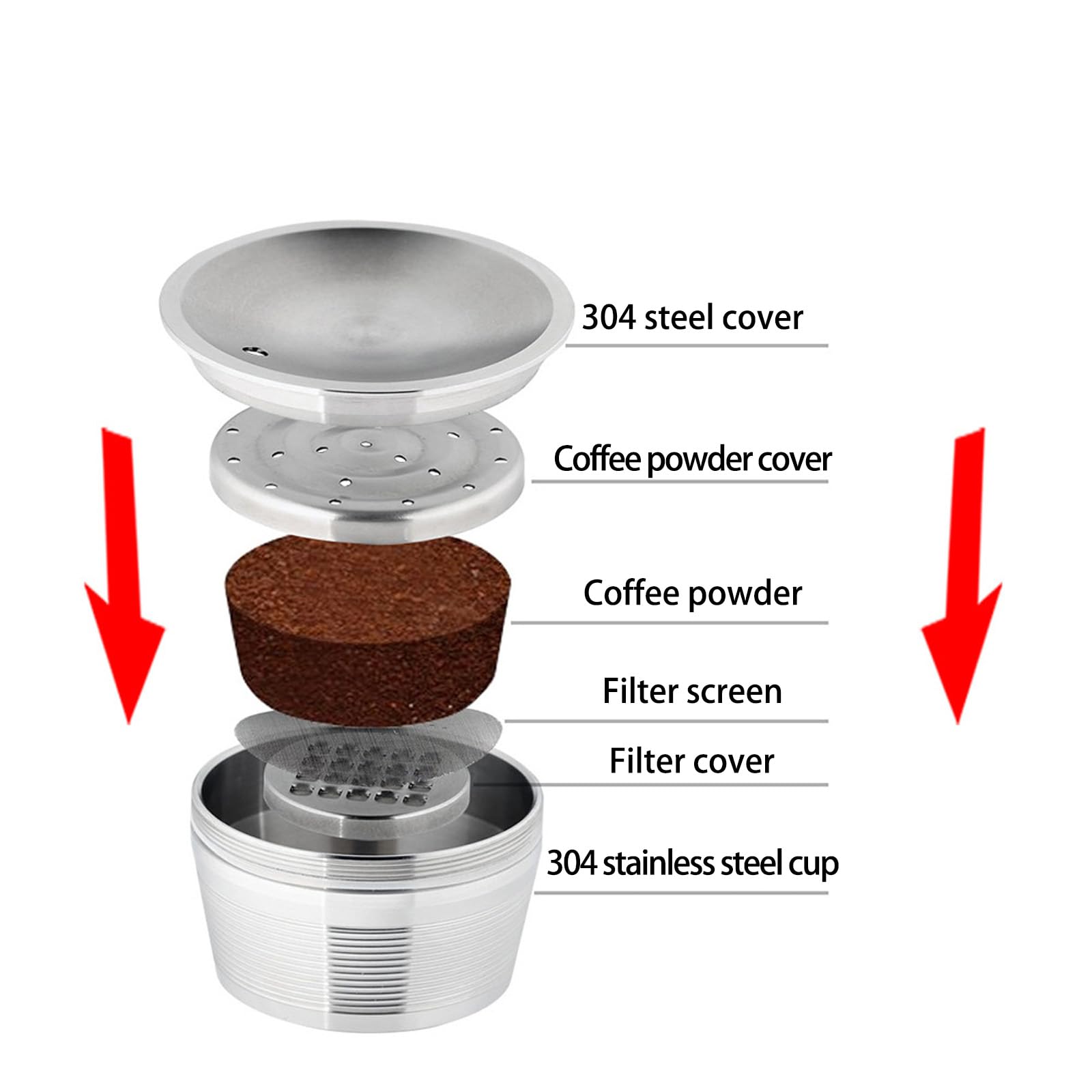 Cápsulas de café espresso de metal aptas para lavavajillas, con herramienta de apisonamiento, textura de madera de acero inoxidable para taza