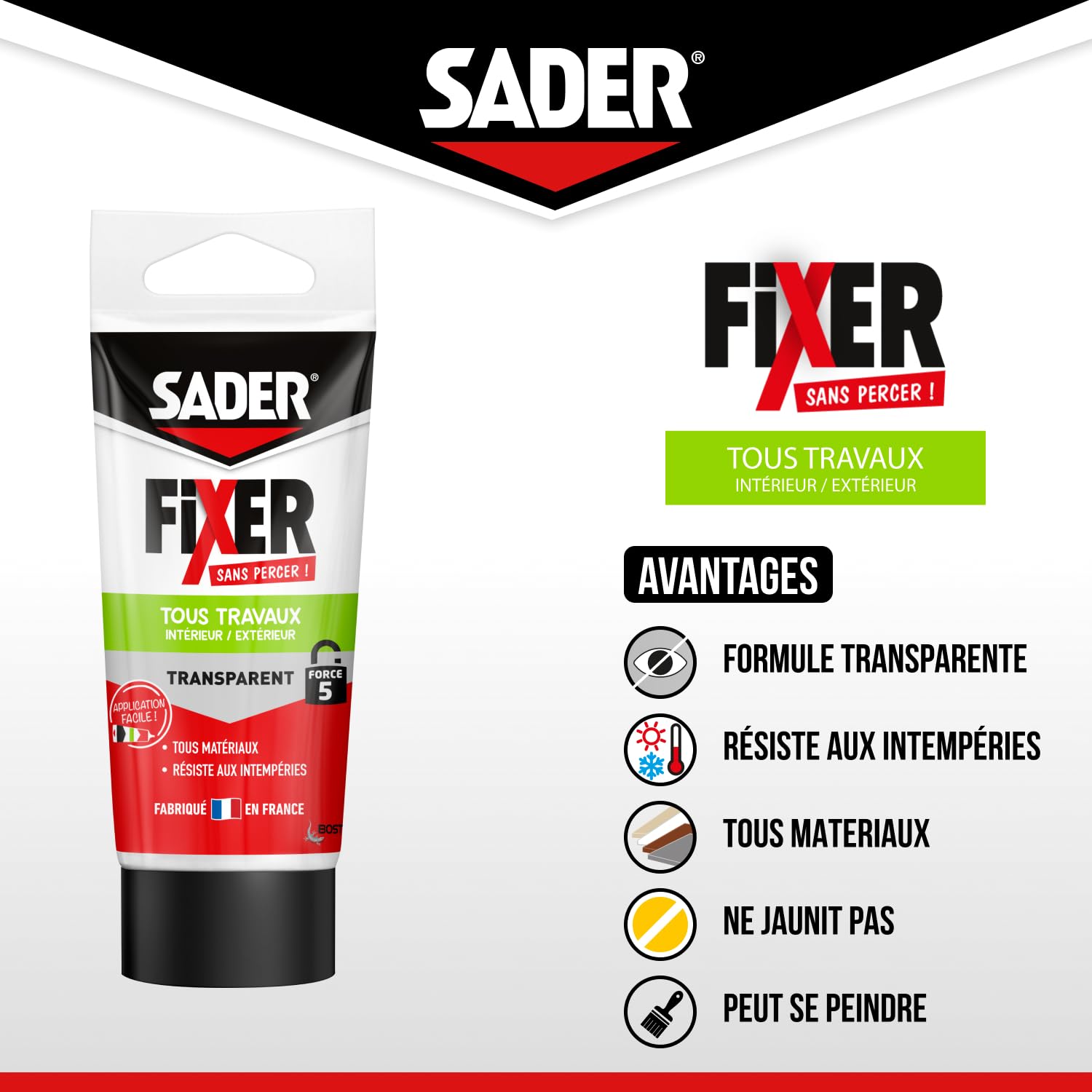SADER FIJER Sin taladrar cualquier trabajo interior y exterior transparente – Masilla de pegamento híbrido, pegado potente, cualquier material, se puede pintar, tubo de 50 g