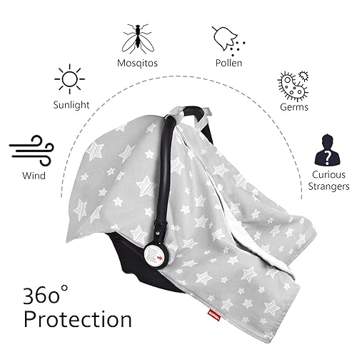Miniatura 2 de Toldo de asiento de automóvil para bebé, cubierta de asiento de automóvil Minky con apertura para bebés, estampado de estrellas, toldo gris para