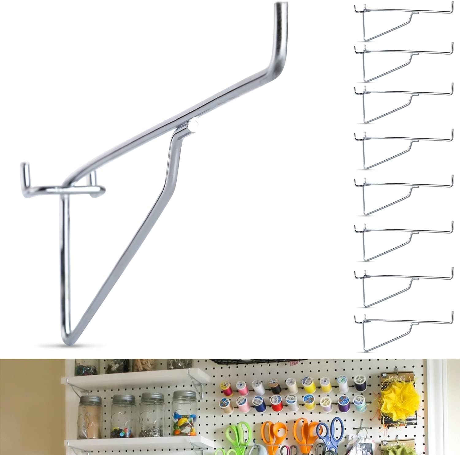 Metal Peg Board Hooks Tool, Heavy Duty Pegboard Accessories, Pegboard Shelf Brackets Hooks, Fit 1/4 -1/8 Peg Board, Peg Hooks pegboard for Workbench, Garage, Craft Shop, Retail Shop (6, 6 Inch)
