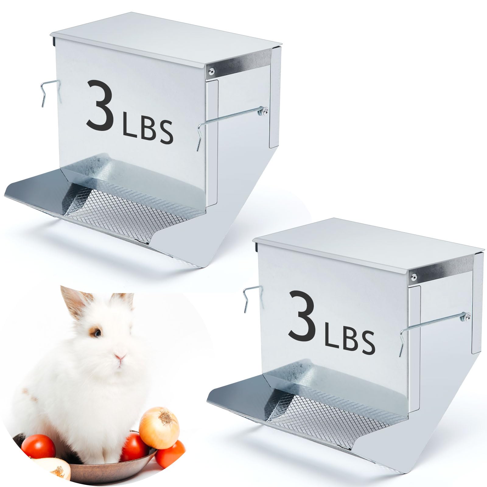 Maxcheck 2 mangiatoie per conigli per gabbie, dispenser di cibo per piccoli animali, con coperchio, in metallo, per graniglia di pollo, ostriche, conchiglie esterne (19 cm, fondo a rete, argento)