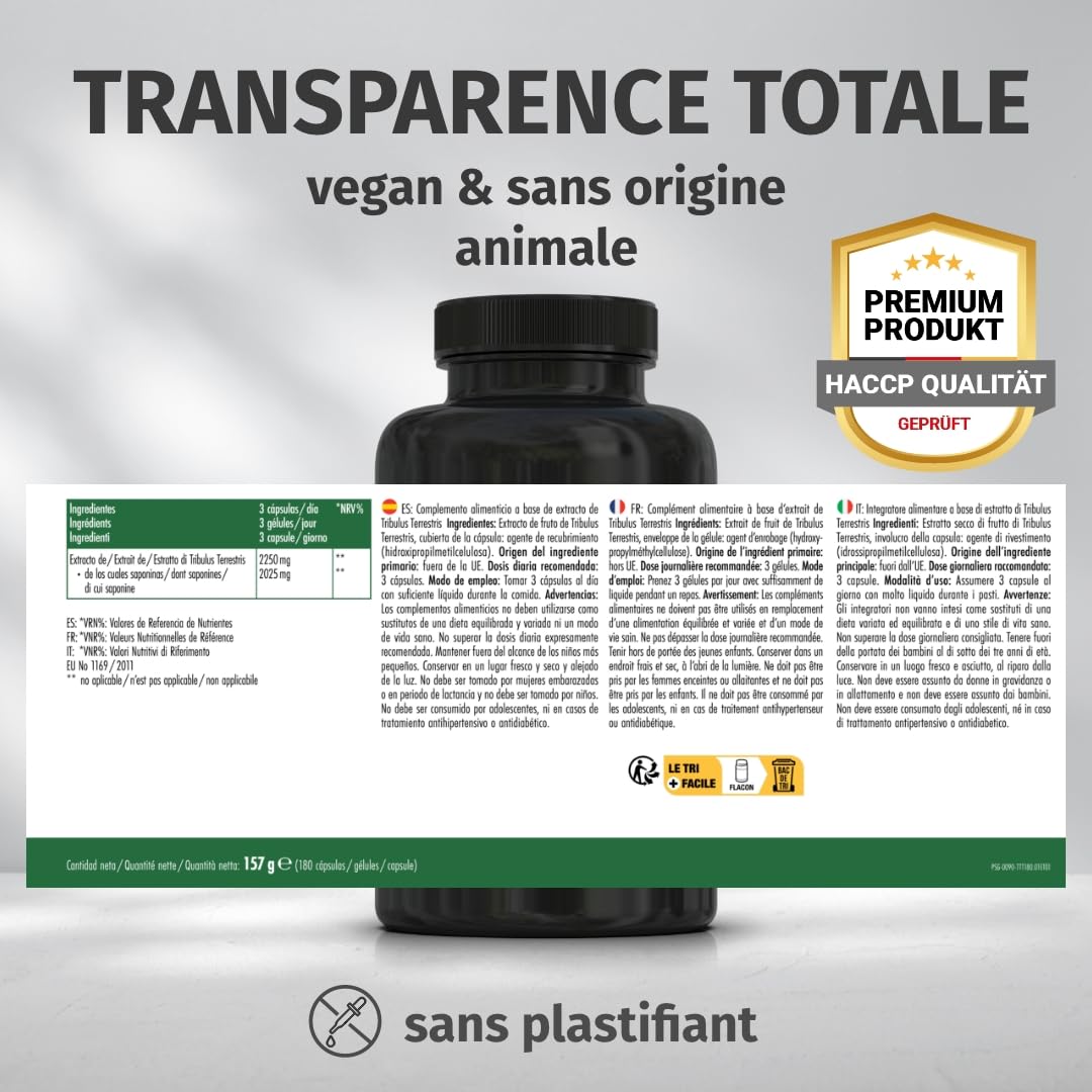 Green Naturals® Tribulus Terrestris – Hautement dosé 2 250 mg avec 90% de saponines – Qualité allemande – Cure 2 mois – 180 gélules | 10:1 par dose journalière · 90 % de saponines · 180 gélules · Stock de 2 mois · Testé en laboratoire