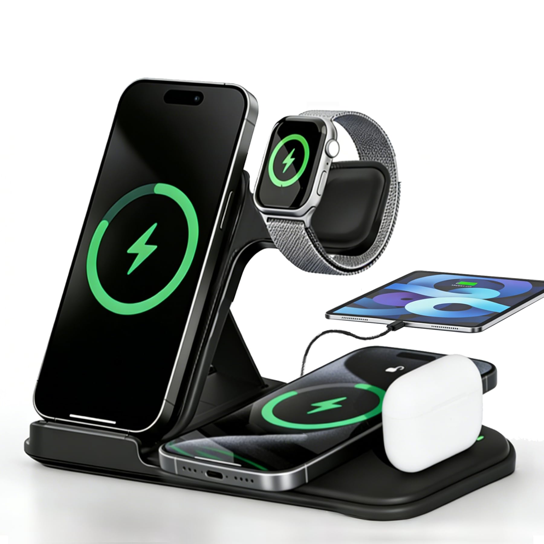iGour - Estación de carga inalámbrica 5 en 1 para múltiples dispositivos, soporte de carga rápida premium para Apple Samsung Android, doble base de teléfono con puerto USB para mesita de noche de