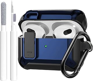 Airpods 3rd Generation Case Cover Men Lock with Cleaning Kit, OTOPO Protective Cover with Cleaning Pen Compatible with Apple Airpod 3rd Gen Case, Shockproof Rugged Shell for iPod 3 Case (Black/Blue)
