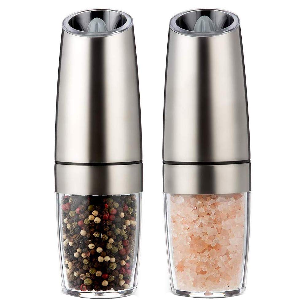 WinCheer Electric Pepper Grinder or Salt Mill Spice Tall Power Shaker, Silver Gravity Control Battery Powered with Blue LED Light, Adjustable Ceramic Coarseness (Silver, 2)