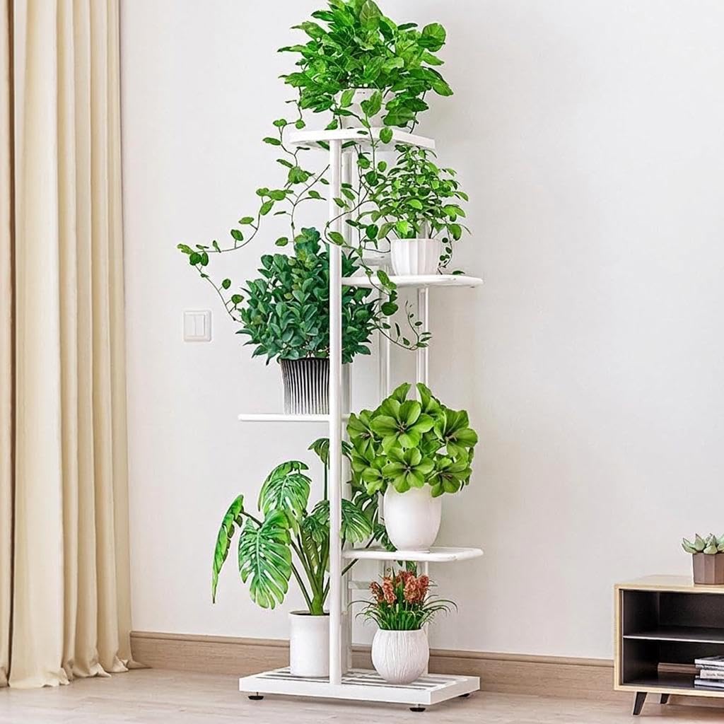 GarveeHome Scaffale bagno in metallo a 5 ripiani - Porta piante angolare alto per 6 vasi - Espositore multi-livello per interni ed esterni - Ideale per soggiorno, balcone, bagno - Bianco