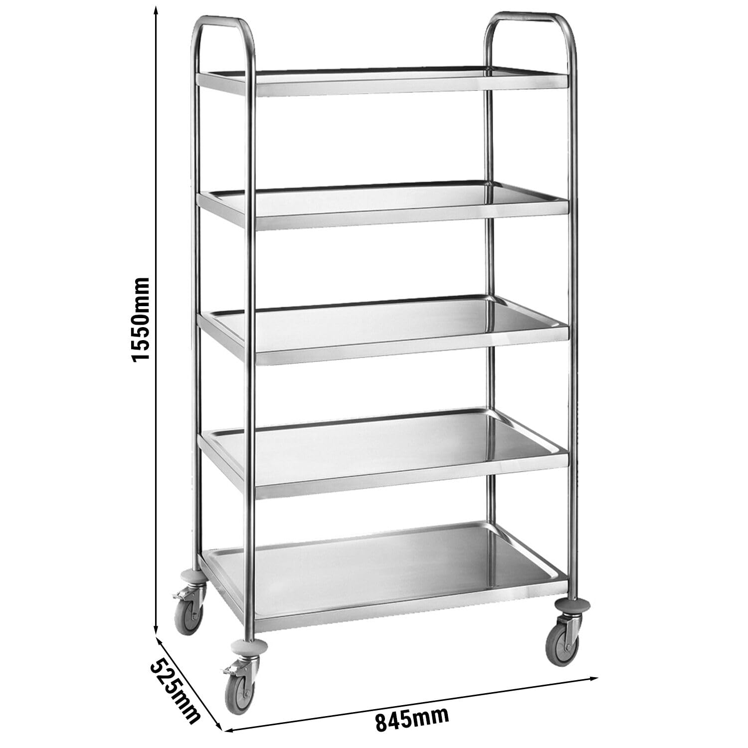 Servierwagen - 845x525mm - mit 5 Abstellflächen | robuste Edelstahlkonstruktion, für den Dauereinsatz ausgelegt, zeitsparende Reinigung, hohe Standsicherheit, mobil