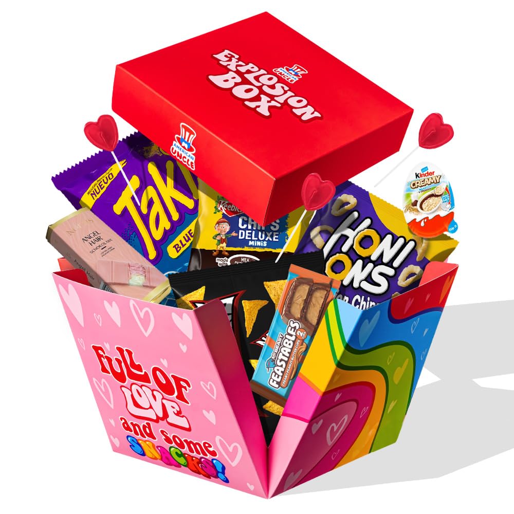 American Uncle Explosion box - Idea Regalo san valentino per lui o per lei, fidanzato o fidanzata, regalo anniversario - box snack internazionali da 15 prodotti