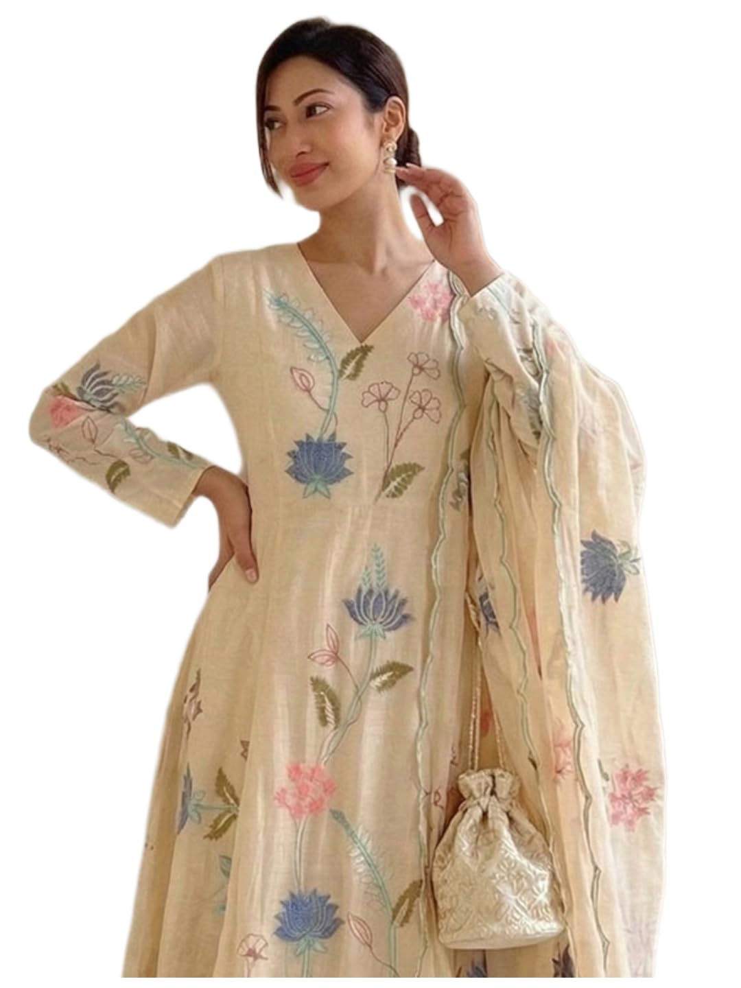 gosriki Kurta Set Women Viscose Embroidered | Kurti Set Woman | Anarkali Kurta Pant Dupatta 3 Piece Outfit | V-Neck 3/4 Sleeve Regular Fit Ethnic Wear Ladies Dress Stylish Traditional Clothing-picture-43