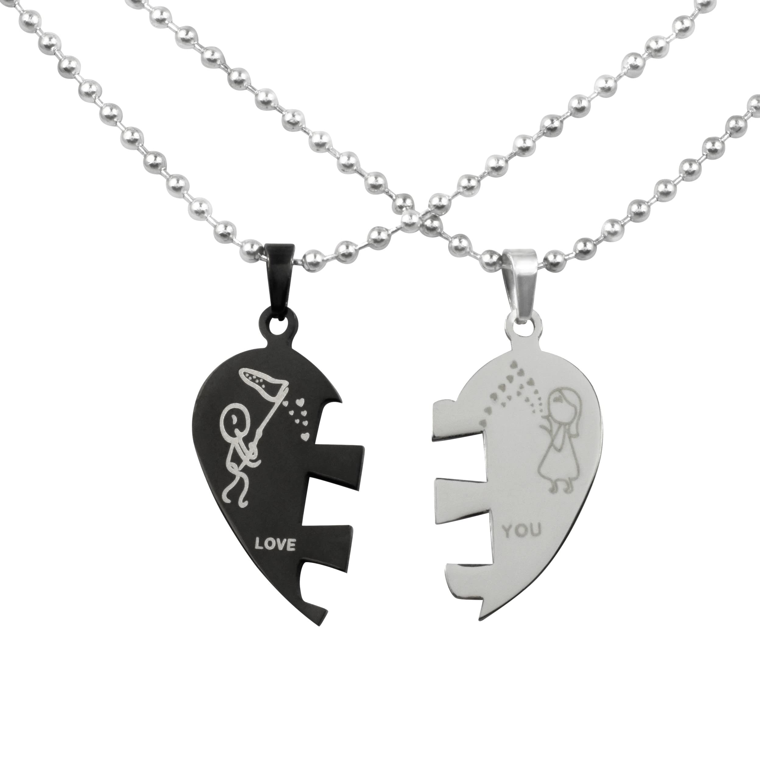 2 Stück Personalisierte Ketten mit Gravur Edelstahl 60 cm - Herzhälften "Love you" in silber und schwarz - Halsketten Männer und Frauen - Personalisierter Schmuck Paare Damen Herren Partner
