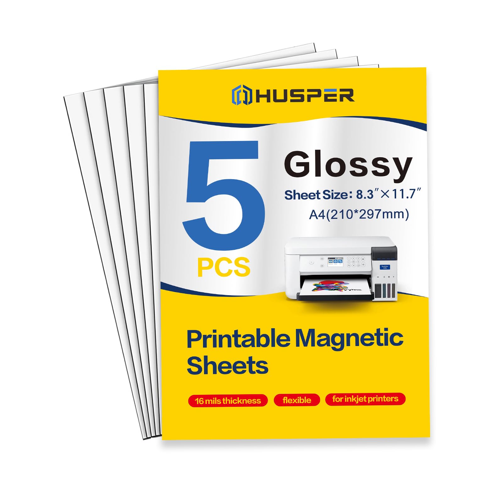 HUSPER 5 Sheets A4 Size Glossy Magnetic Photo Paper for Inkjet Printers, Printable Magnetic Sheets, Non-Adhesive 0.4MM Thick