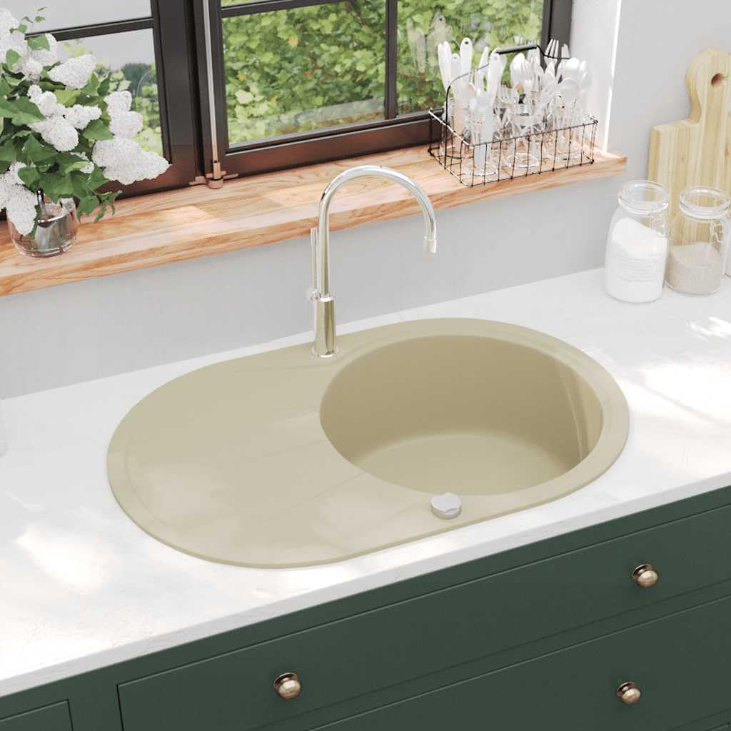 Fregadero de granito ovalado beige de compuesto de cuarzo, 770 x 490 x 205 mm, con escurridor y sifón, reversible, para fregadero de cocina, fregadero empotrable, resistente al calor y a los