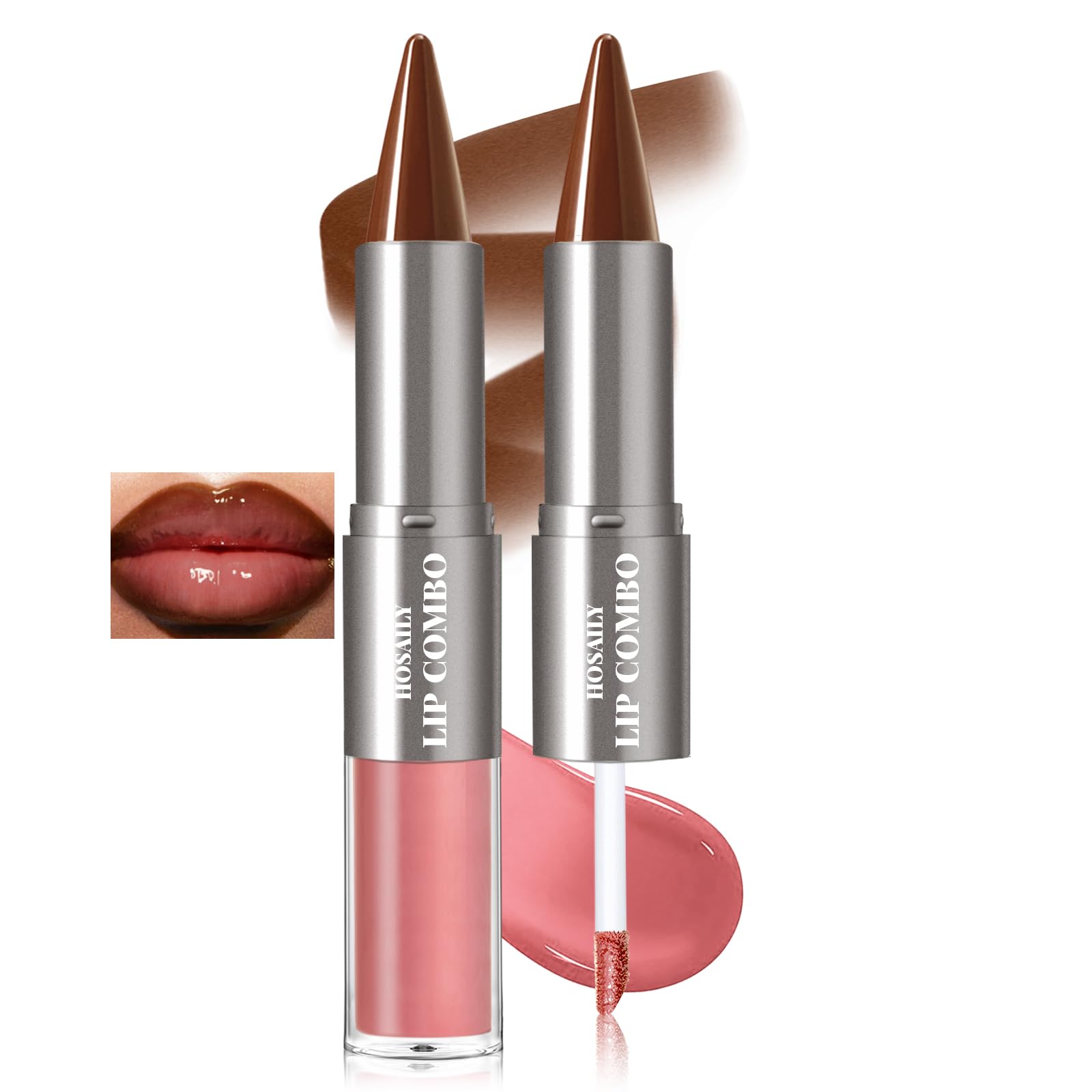 HOSAILY 2 in 1 Lip Combo Sets, Light Brown Natural Lips Liner and Liquid Lipstick Combo Moisturizing Nude Glossy Gloss Lip Kit, Plumping Lightweight Lips Pencil with High Shine Tinted Gloss Set02