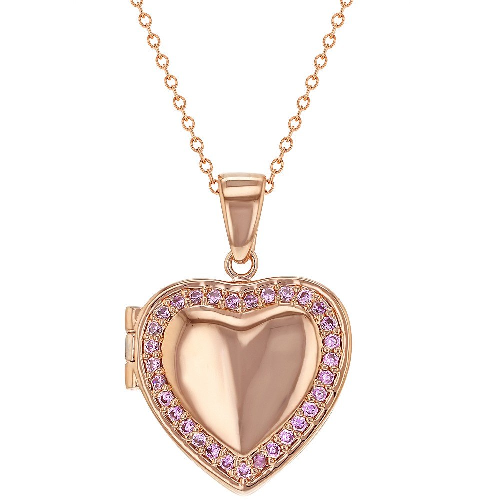 Rose Gold Plated Pink Cubic Zirconia Heart-Shaped Photo Locket Pendant Necklace for Teens and Women 19" - Adjustable Chain Pink CZ Love Heart Locket Necklace