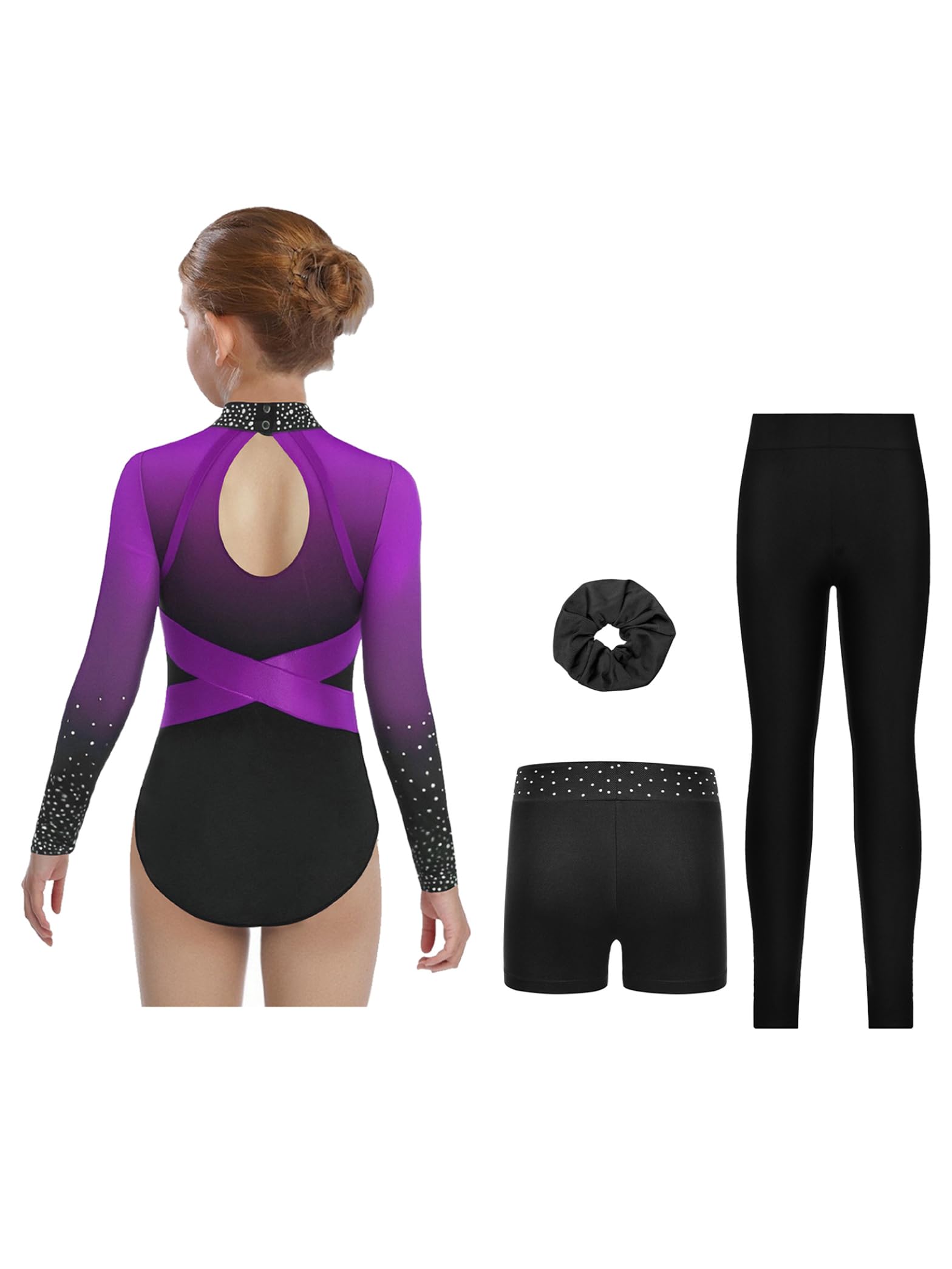 Justaucorps Gymnastique Enfant Fille Strass Leotard avec Legging Short Chouchou Ensemble Danse Patinage