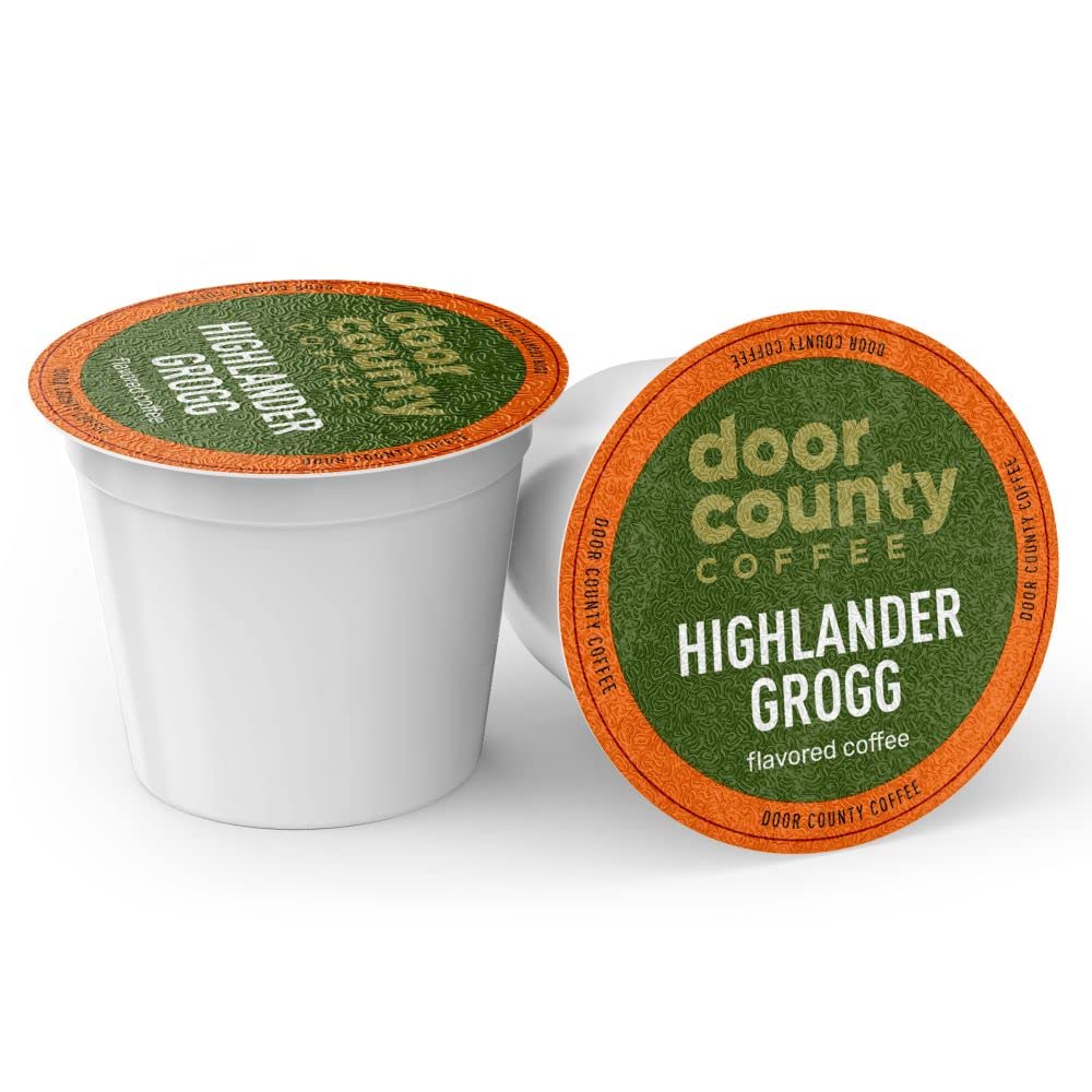 Door County Coffee Highlander Grogg Flavored Ground - 60 Count Single Serve Cups - Medium Roast - 100% Specialty Arabica - Flavored Gourmet - Caramel & Irish Cream