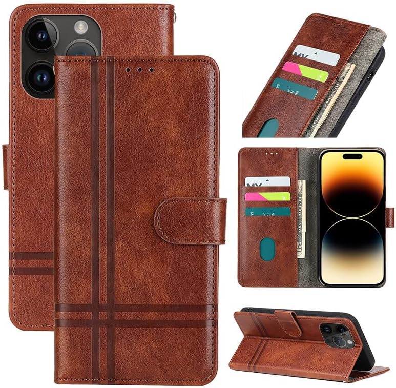 Funda tipo cartera diseñada para iPhone 14 Pro Max con ranuras para tarjetas, funda de cuero de primera calidad con patrón de lichi retro, funda con