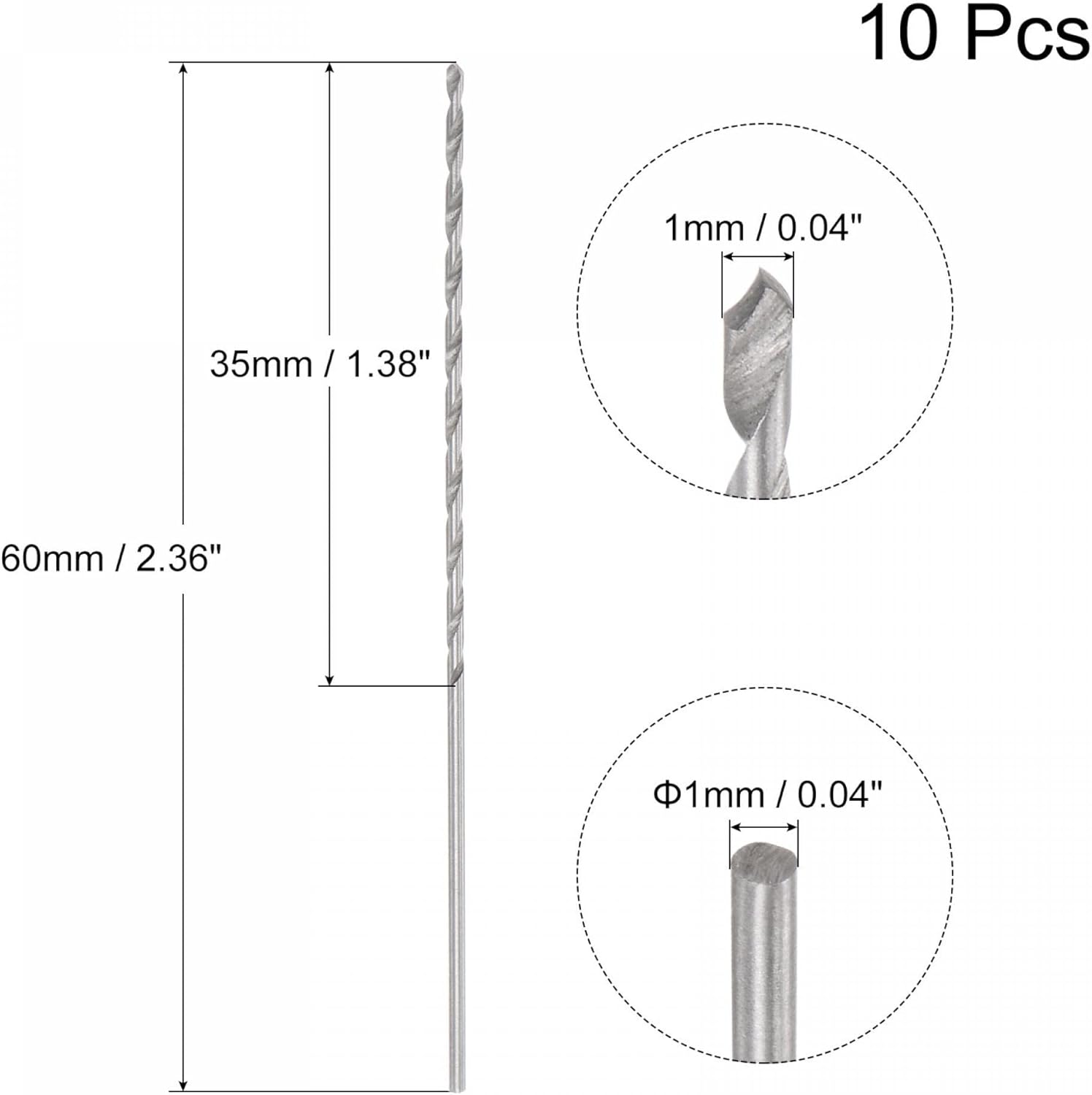 uxcell 10 Pcs 1mm Mini Micro Twist Drill Bits, High-Speed Steel Straight Shank Extra Long Drill Bit 60mm for Aluminum Alloy