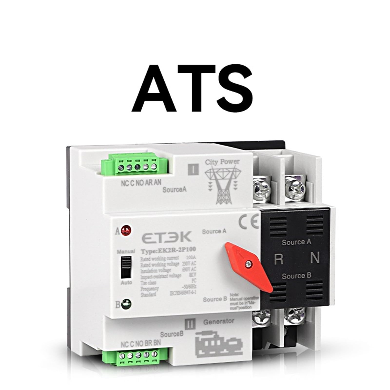 Interruttore di trasferimento automatico a doppia alimentazione 220 V 2P 4P Guida Din ATS City Grid for alimentatore generatore e inverter EK2R(Compatible,100A)