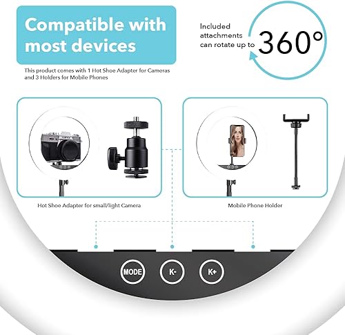 Miniatura 3 de Foto&Tech Anillo de luz LED regulable de 14 pulgadas con soporte telescópico, 3 soportes para teléfono y control remoto inalámbrico para cámara,