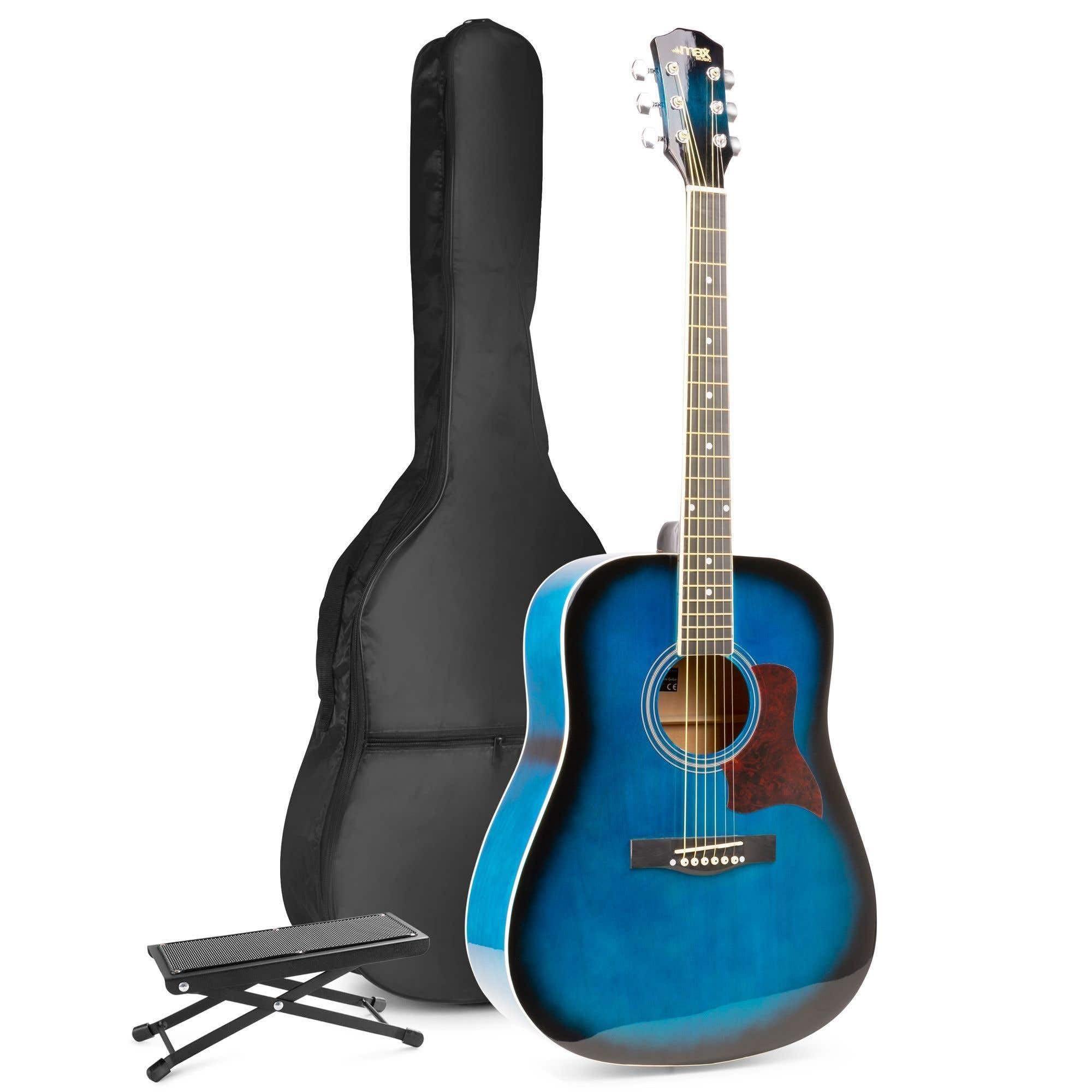 MAX SoloJam Westerngitarre, Akustik Gitarre Set, Acoustic Guitar, Akustikgitarre 4/4 mit Tasche, Notenständer, Plektrum, Stimmgerät, Schultergurt, Stahlsaiten, Anfängergitarre - Blau