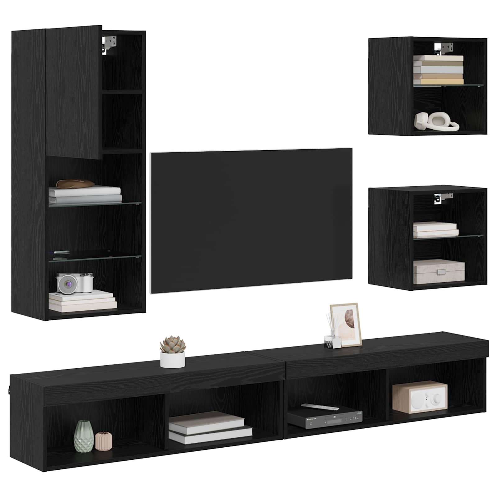 vidaXL TV Wall Units with LED 5 pcs Black Oak 100 x 30 x 30 cm