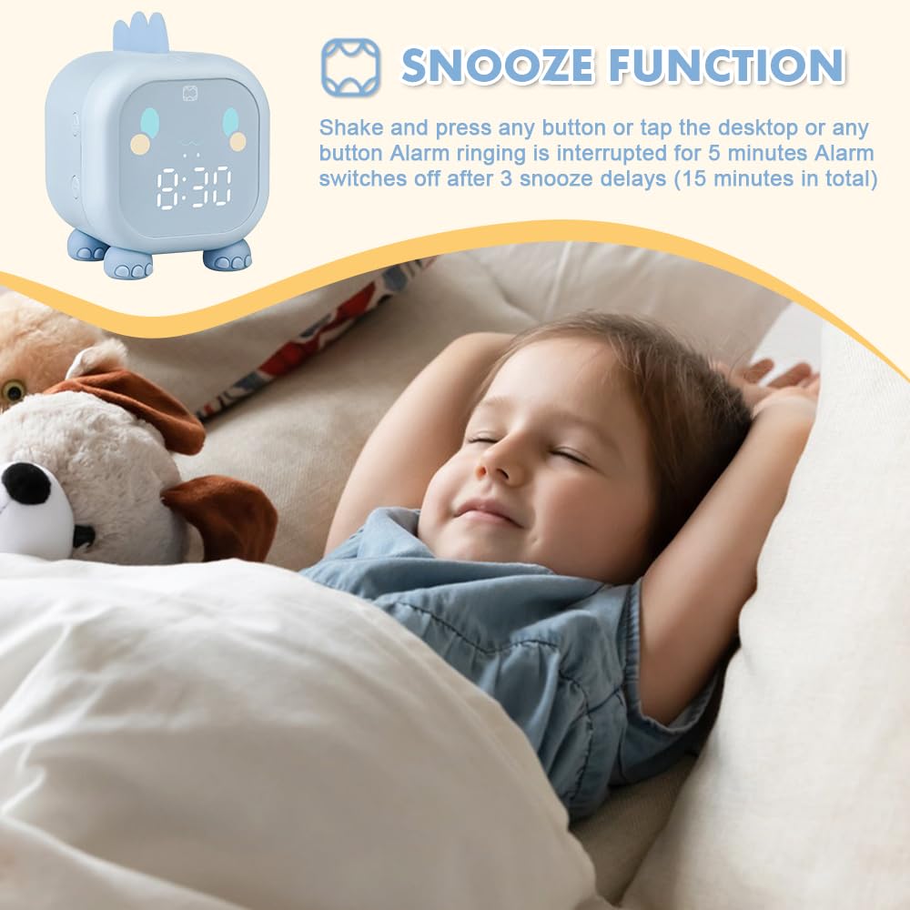 Reloj Despertador para niños, Despertador Digital con luz Nocturna, función de repetición y Temporizador, Control De Voz USB Reloj Despertador de Dinosaurio para niños y niñas (Azul)