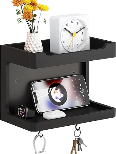 Miniatura 12 de NiHome Organizador Grande de Mesita de Noche de Madera para Montar en la Pared, Estantes de Almacenamiento Dobles y Ganchos Magnéticos, Estante de