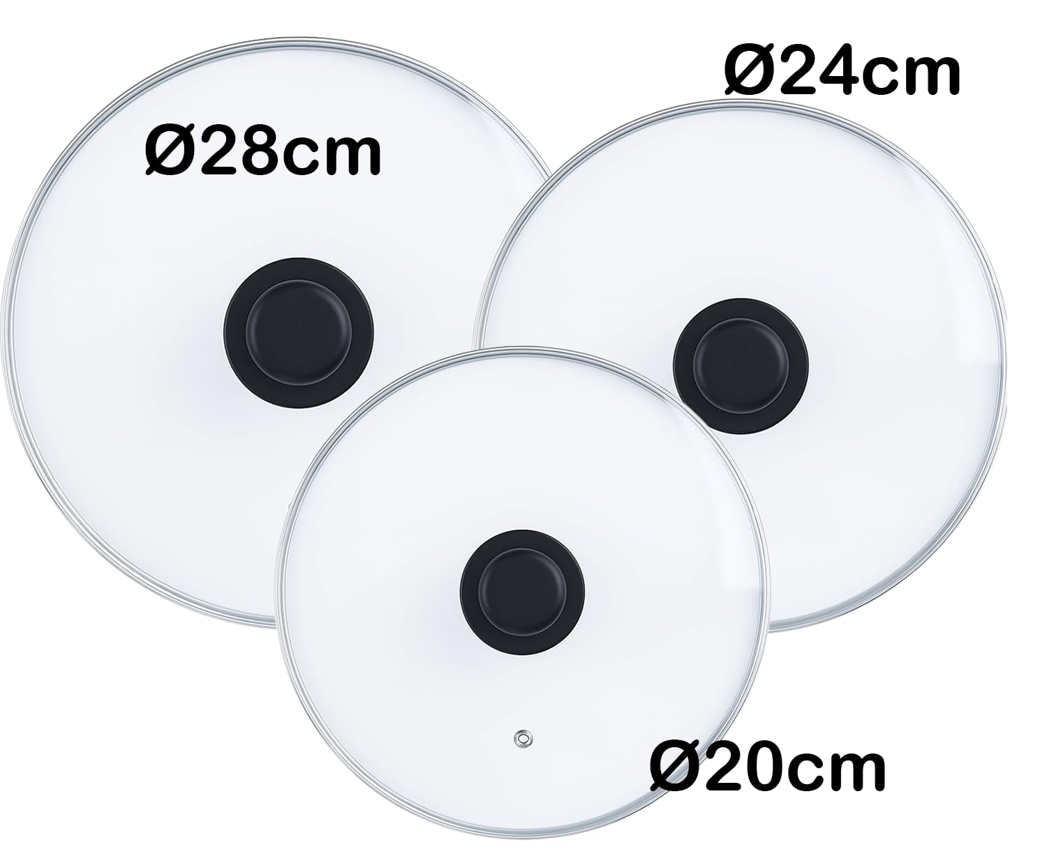 Set 3 Coperchi Ø 20/24/28 cm in Vetro Temperato con Pomolo Ergonomico e Foro Sfiato, Coperchi Universali per Cucina, Resistenti al Calore e Adatti a Varie Dimensioni di Padelle (Kit Completo)