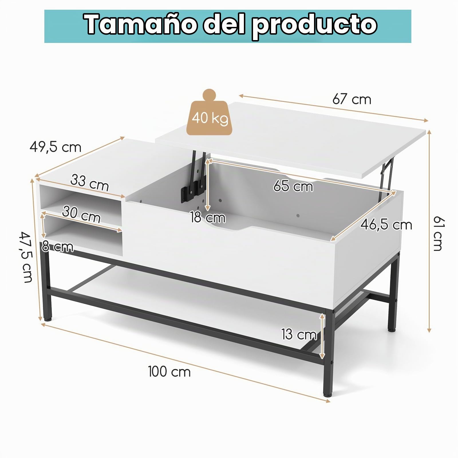LIFEZEAL Mesa de Centro elevable, Mesa de salón con Compartimento Oculto, Mueble de salón con Estructura de Metal, Estante de Almacenamiento extraíble, 100 x 49,5 x 47,5 cm (Blanco)