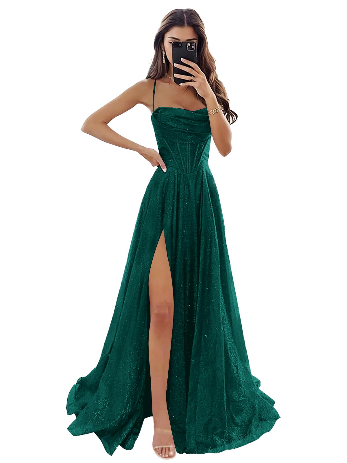 Women's Spaghetti Straps Glitter Tulle Prom Dress with Slit Cowl Neck Long Formal Dress Evening Gown