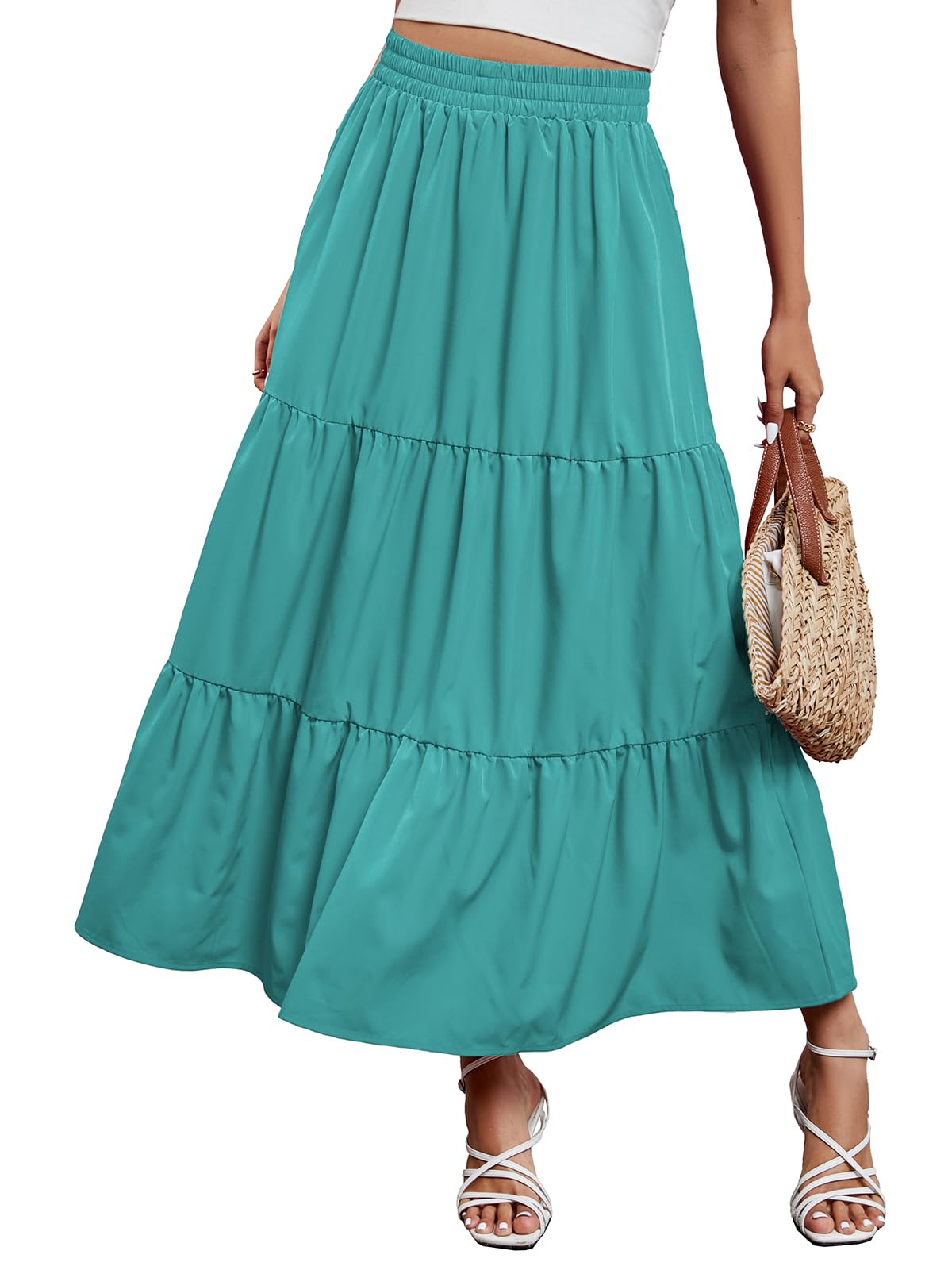 Arolina Maxi Skirt for Women Summer Boho Elastic High Waist Pleated A-Line Flowy Ruffle Swing Tiered Long Beach