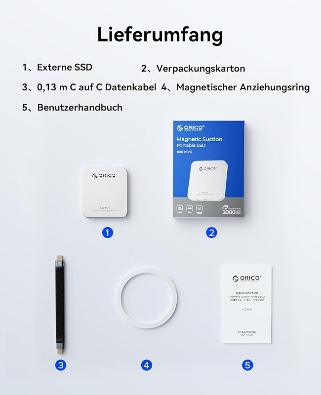 SSD extern magnetic ORICO 512GB, 2000 MB/s, USB-C, portabil, pentru înregistrare 4K ProRes HDR, compatibil cu iPhone 15 și 16, telefoane cu port Type-C și calculatoare