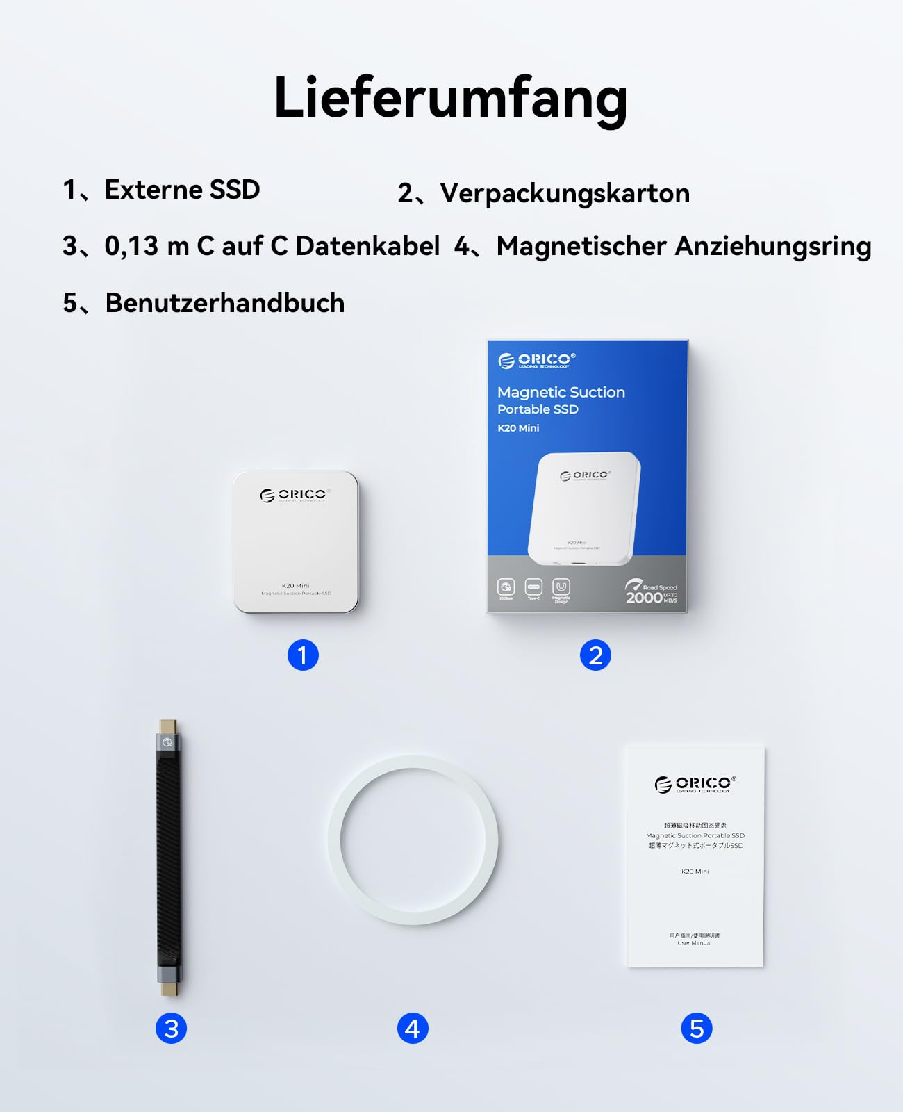 ORICO 512GB Magnetische Externe SSD, 4K ProRes HDR Aufzeichnung und Speicherung, Portable SSD bis zu 2000 MB/s, Nur Kompatibel mit iPhone 15/16 Series, Smartphone, Computer mit Typ-C Anschluss K20Mini