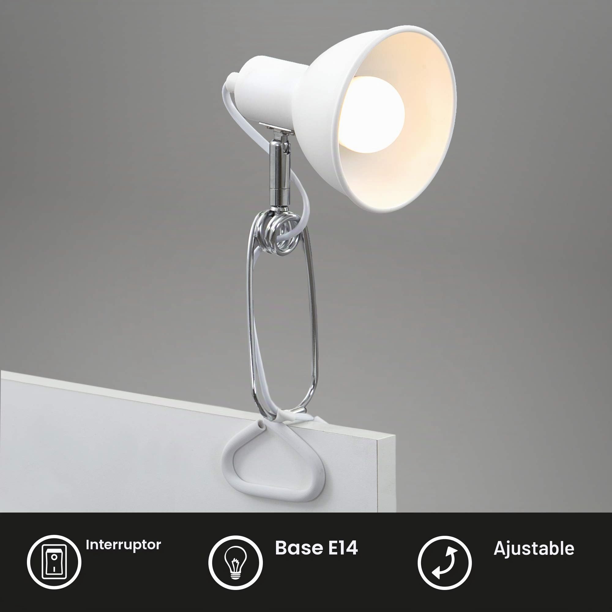 BRILONER - Lámpara con pinza, lámpara de clip, 1xE14, 8W, incluido el interruptor de cable, giratoria, metal, lampara escritorio, flexo escritorio, lampara lectura, flexo, 30,5x11x13 cm, Cromo blanco