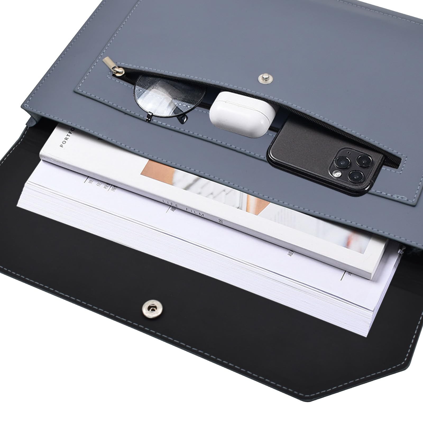 VANRA Cartella portadocumenti espandibile in pelle PU, con tasca con bottone a pressione, tasca con cerniera, per fogli formato A4 (blu scuro)