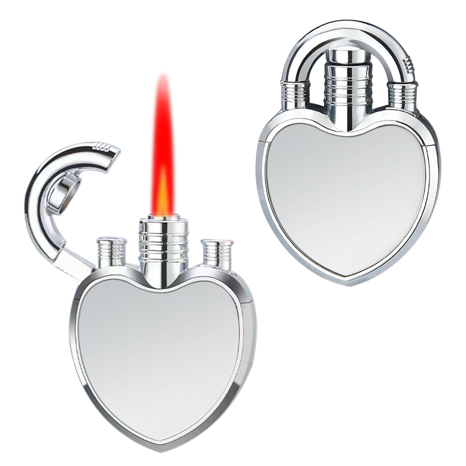 Jet Lighter with Windproof Red Flame - Adjustable Creative Heart Design, Refillable Butane Lighter Gifts for Birthday, Christmas, Festivals (Without Butane) -Silver