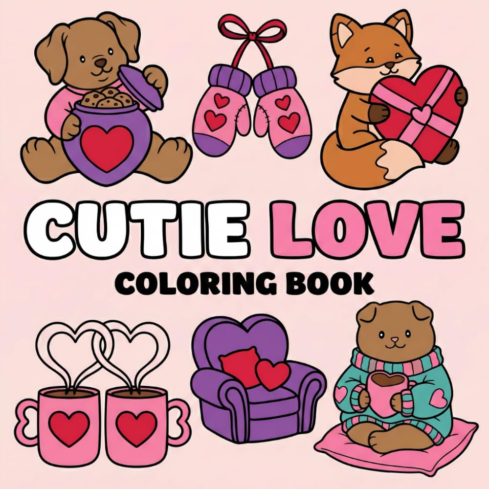 Cutie Love Coloring Book: Bold and Easy Illustrations for Adults and Kids with Cute Animals, Sweet Treats, and Valentine Themes