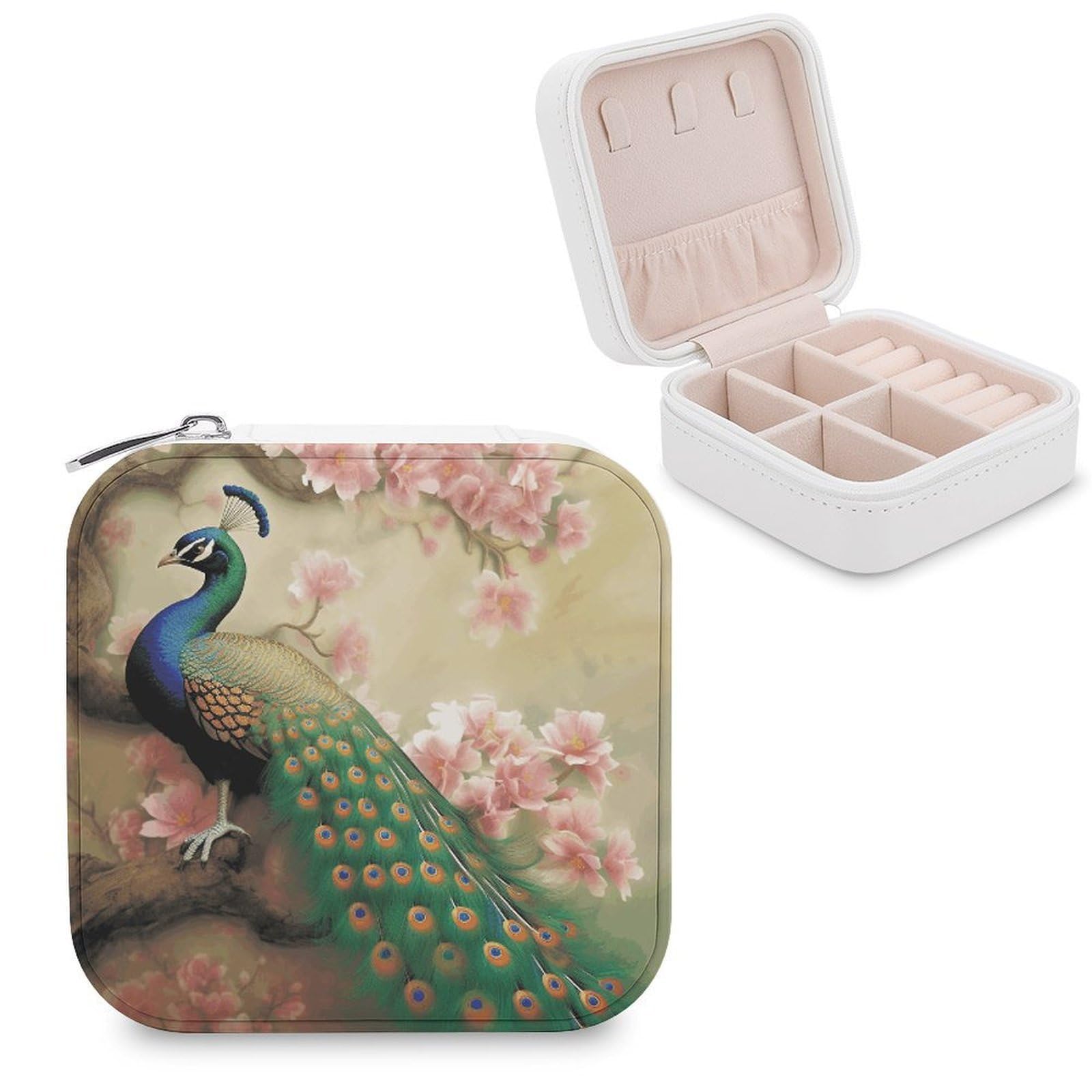VstaDank Oriental Peacock on Flower Tree Jewelry Box Exquisite Leather Jewelry Organizer Portable Trinket Organizer Fashion Travel Jewelry Case for Rings Earrings Necklaces Unique Gifts for Women