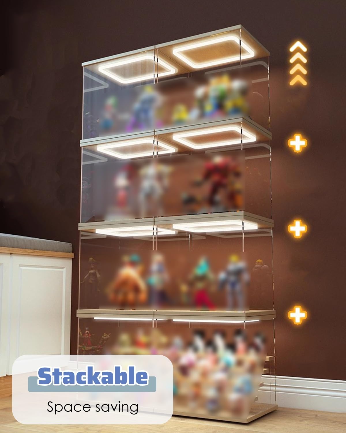 Teca Plexiglass Grande Piccola Vetrina in Acrilico per Figure da Collezione con Luci Led | Scatola Espositiva Trasparente Impilabile con Base in Legno, Copripolvere per Auto da Hobby(48x48x48 cm/19x19x19 in)