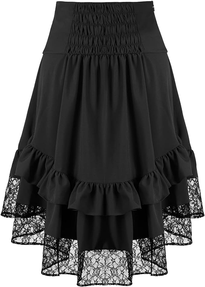 Women's Steampunk Skirt Retro Gothic Pleated Asymmetric High Low Lace Ruffle Skirt - Image 5