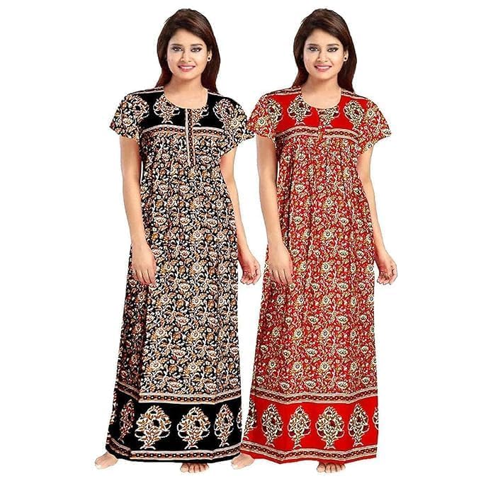 Image of NILOUFO Women's Cotton Printed Maxi Nighty - Pack of 2 | Soft Ankle-Length Sleepwear Gowns for Women | Free Size Night Dresses (Black,Red, Free Size)